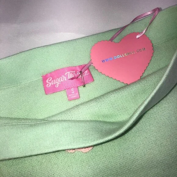 Sugar Thrillz Mini Skirt-DollsKill-Mint Green with Embroidered flowers-size S - Picture 3 of 8